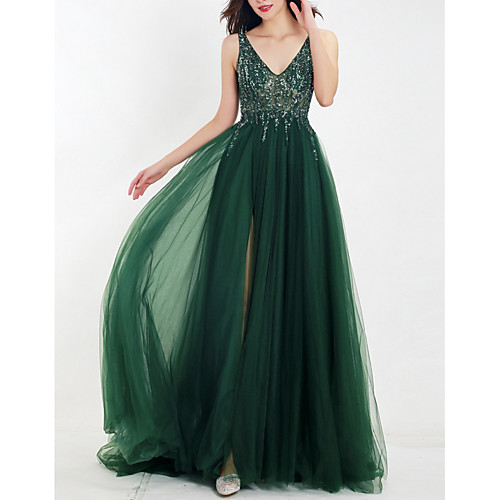 

A-Line Empire Wedding Guest Prom Dress V Neck Sleeveless Floor Length Tulle with Beading Split Appliques 2021