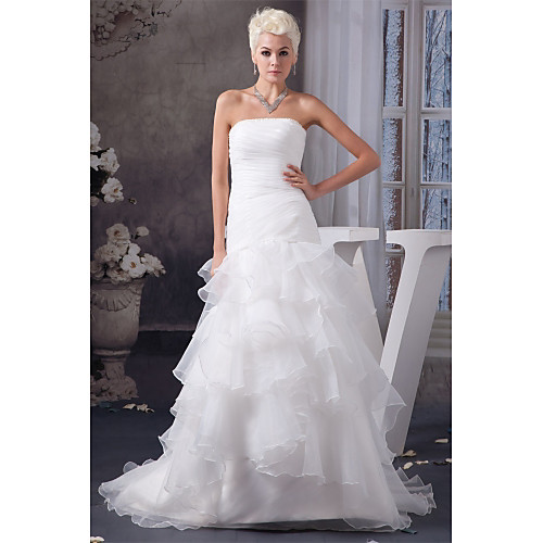 

Mermaid / Trumpet Wedding Dresses Strapless Chapel Train Organza Satin Strapless Plus Size with Ruched Cascading Ruffles 2021