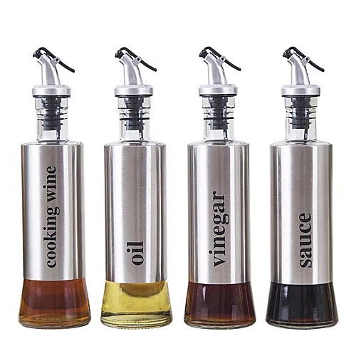 

4pcs Stainless Steel Glass Oil Bottle Kitchen Soy Sauce Bottle Pressing Metal Vinegar Cooking Wine Bottle