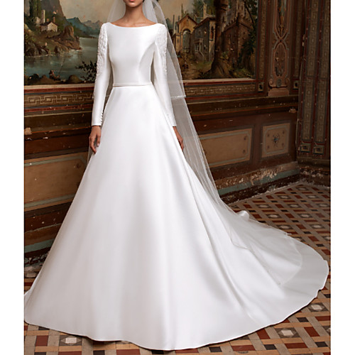 

A-Line Wedding Dresses Bateau Neck Sweep / Brush Train Lace Charmeuse Long Sleeve Formal Simple Plus Size Elegant with Lace Draping 2020
