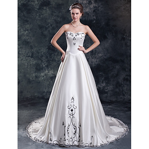 

A-Line Wedding Dresses Strapless Court Train Organza Satin Strapless with Embroidery 2021