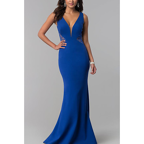 

Sheath / Column Elegant Formal Evening Dress Plunging Neck Sleeveless Sweep / Brush Train Jersey with Lace Insert 2021