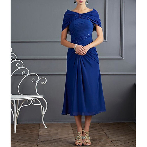 

A-Line Mother of the Bride Dress Plus Size Bateau Neck Tea Length Chiffon Short Sleeve with Beading Ruching 2021