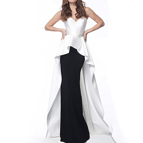 

A-Line Color Block Formal Evening Dress Strapless Sleeveless Sweep / Brush Train Stretch Satin with Beading Sequin 2021