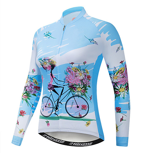 

21Grams Floral Botanical Women's Long Sleeve Cycling Jersey - Blue Bike Jersey Top UV Resistant Moisture Wicking Quick Dry Sports Elastane Terylene Polyester Taffeta Mountain Bike MTB Road Bike