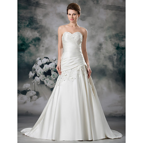 

A-Line Wedding Dresses Sweetheart Neckline Court Train Lace Satin Strapless with Ruched Beading Appliques 2021