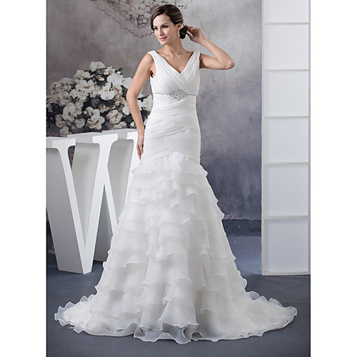 

Mermaid / Trumpet Wedding Dresses V Neck Chapel Train Organza Regular Straps with Ruched Beading Cascading Ruffles 2021