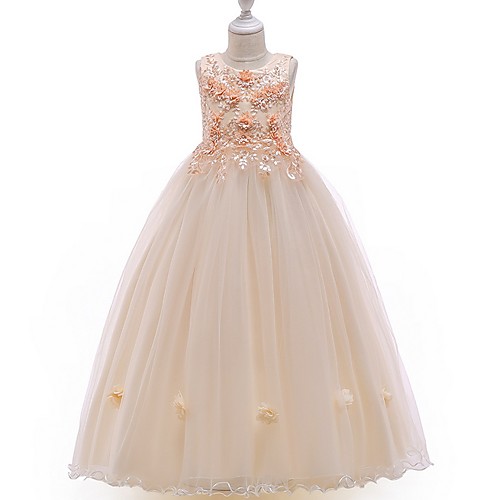 

A-Line Floor Length Pageant Flower Girl Dresses - Tulle Sleeveless Jewel Neck with Bow(s) / Beading / Appliques