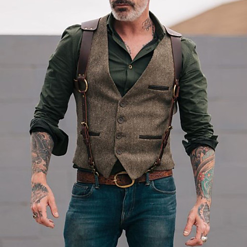 

Men's Vest, Solid Colored V Neck Polyester Brown