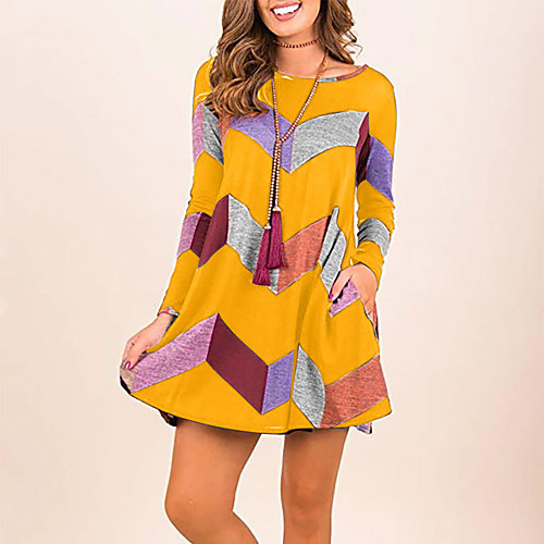 

Women's Shift Dress Short Mini Dress Yellow Army Green Navy Blue Long Sleeve Geometric Patchwork Print Fall Winter Round Neck Casual 2021 S M L XL XXL