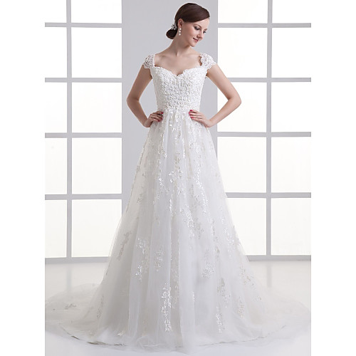 

A-Line Wedding Dresses Sweetheart Neckline Court Train Lace Satin Tulle Cap Sleeve with Beading Appliques 2021