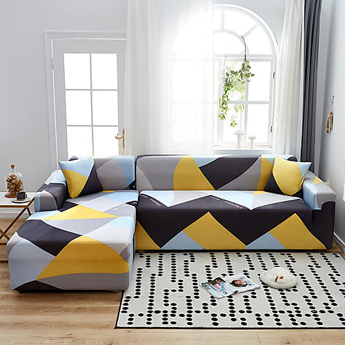 

Colorful Triangle Print Dustproof Stretch Slipcovers Stretch L Shape Sofa Cover Super Soft Fabric Couch Cover (You will Get 1 Throw Pillow Case as free Gift)