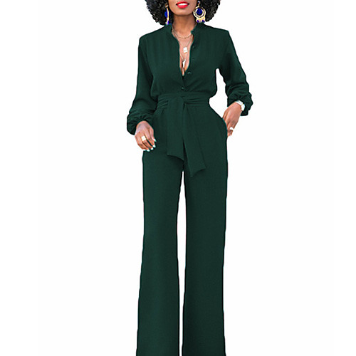 

Women's Plus Size Streetwear Party Daily Wide Leg Black Red Green Jumpsuit Solid Colored Lantern Sleeve High Waist Cotton