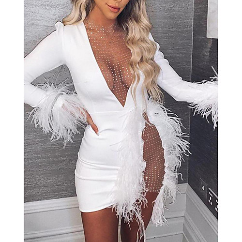 

Women's Sheath Dress - Long Sleeve Solid Colored Split Feather Deep V Sexy New Year Going out Club White Black S M L XL