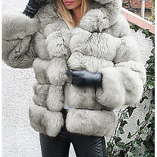 

Women's Party / Daily Basic Fall & Winter Regular Faux Fur Coat, Solid Colored Hooded Long Sleeve Faux Fur Gray