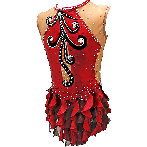 

21Grams Rhythmic Gymnastics Leotards Artistic Gymnastics Leotards Women's Girls' Leotard Red Spandex High Elasticity Handmade Jeweled Diamond Look Sleeveless Competition Dance Rhythmic Gymnastics