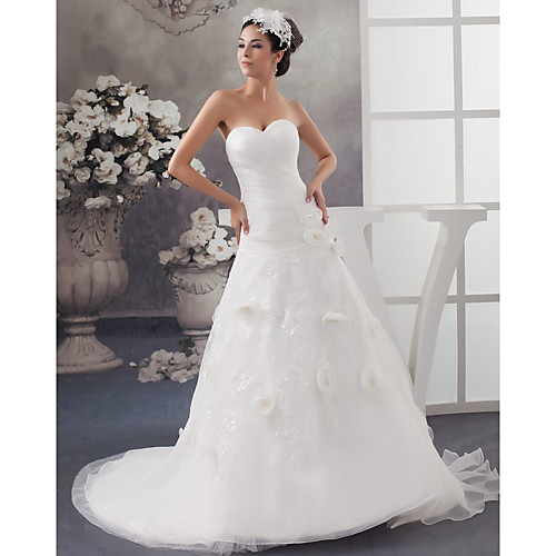 

A-Line Wedding Dresses Sweetheart Neckline Chapel Train Lace Organza Strapless with Ruched Beading Appliques 2021
