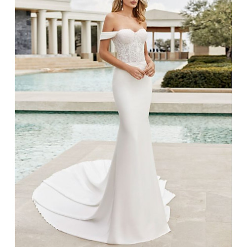 

Mermaid / Trumpet Wedding Dresses Off Shoulder Court Train Lace Satin Cap Sleeve with Lace Insert 2021