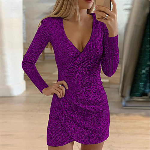 

Women's Bodycon Knee Length Dress Purple Long Sleeve Solid Color Sequins Deep V Deep V Hot Sexy M