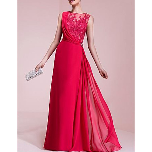 

A-Line Beautiful Back Formal Evening Dress Jewel Neck Sleeveless Floor Length Chiffon Lace with Lace Insert Crystal Brooch 2021