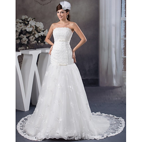 

Mermaid / Trumpet Wedding Dresses Strapless Court Train Lace Satin Strapless with Lace Sashes / Ribbons Bow(s) 2021