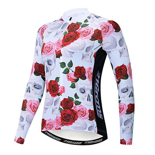 

21Grams Floral Botanical Women's Long Sleeve Cycling Jersey - Rose Red Bike Jersey Top Thermal / Warm Breathable Quick Dry Sports Winter Elastane Terylene Polyester Taffeta Mountain Bike MTB Road