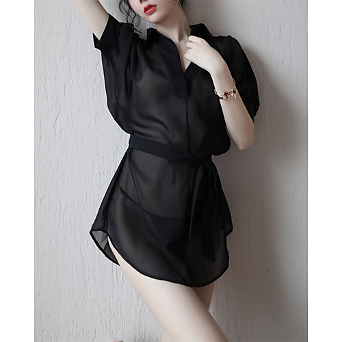 

Women's Mesh Super Sexy Chemises & Gowns Gartered Lingerie Robes Nightwear Solid Colored White / Black S M L / Shirt Collar