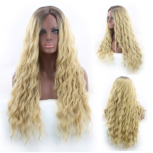 

Synthetic Wig Curly Deep Parting Wig Long Yellow Synthetic Hair 27 inch Women's Best Quality Middle Part Yellow