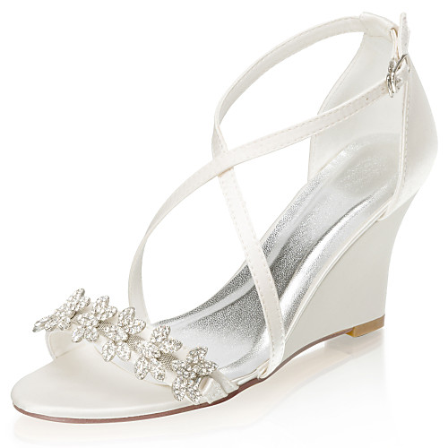 

Women's Wedding Shoes Glitter Crystal Sequined Jeweled Wedge Heel Open Toe Rhinestone Satin Summer Ivory / Party & Evening