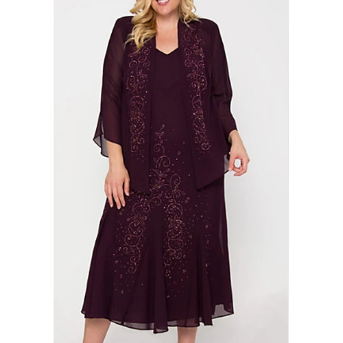 

Two Piece Mother of the Bride Dress Plus Size V Neck Knee Length Chiffon 3/4 Length Sleeve with Embroidery Appliques 2021