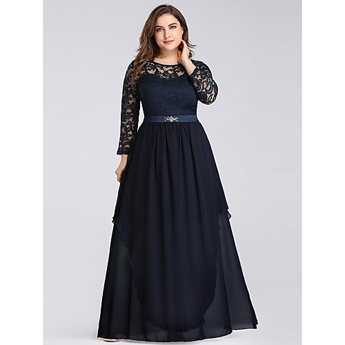 

A-Line Mother of the Bride Dress Plus Size Vintage Jewel Neck Floor Length Chiffon Long Sleeve with Lace 2021