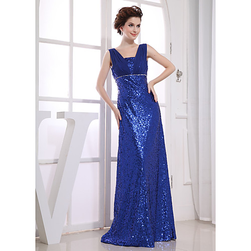 

Sheath / Column Sparkle Wedding Guest Engagement Formal Evening Dress V Neck Sleeveless Floor Length Chiffon Sequined with Beading 2021