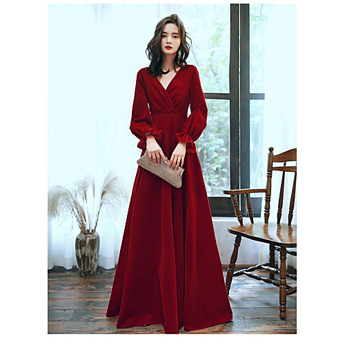 

A-Line Elegant Wedding Guest Prom Formal Evening Dress V Neck Long Sleeve Floor Length Satin Jersey with 2021