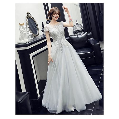 

A-Line Elegant Wedding Guest Prom Formal Evening Dress Jewel Neck Short Sleeve Floor Length Satin Tulle with Beading 2021