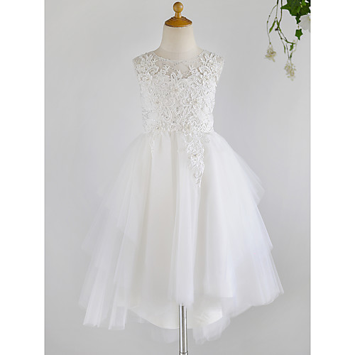 

Ball Gown Asymmetrical Wedding / First Communion / Birthday Flower Girl Dresses - Lace / Tulle Sleeveless Jewel Neck with Beading