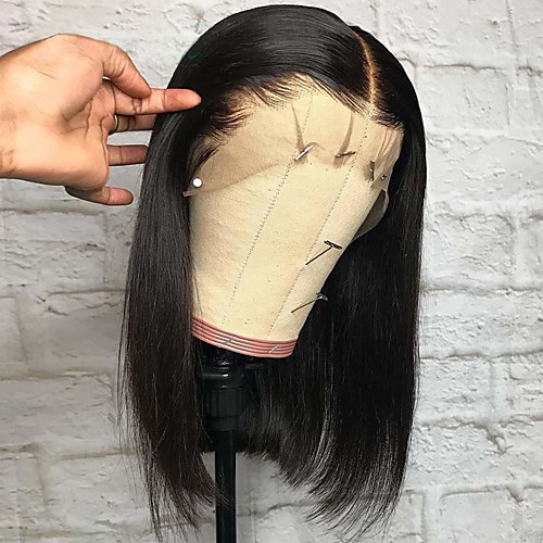 

Remy Human Hair Lace Front Wig Deep Parting style Brazilian Hair Yaki Straight Natural Wig 150% Density with Baby Hair Adjustable Thick Natural Hairline Women's Short Human Hair Lace Wig Premierwigs