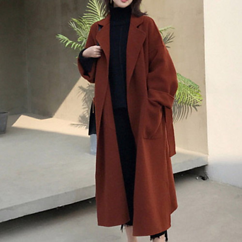 

Women's Solid Colored Fall & Winter Notch lapel collar Coat Long Daily Long Sleeve Polyester Coat Tops Black
