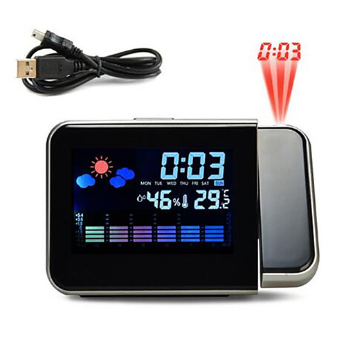 

LED Digital Projection Alarm Clock Temperature Thermometer Desk Time Date Display Projector Calendar USB Charger Table Led Clock