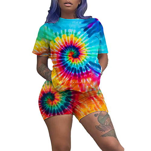 

Women's 2-Piece Tracksuit Sweatsuit Streetwear 2pcs Running Fitness Jogging Breathable Quick Dry Soft Sportswear Tie Dye Athletic Clothing Set Short Sleeve Activewear Micro-elastic Regular Fit