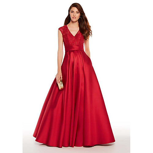 

A-Line Elegant Prom Formal Evening Dress Plunging Neck Sleeveless Floor Length Satin with Pleats Lace Insert 2021