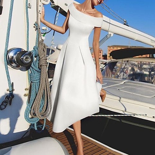 

A-Line Off Shoulder Asymmetrical Satin Bridesmaid Dress with Ruching