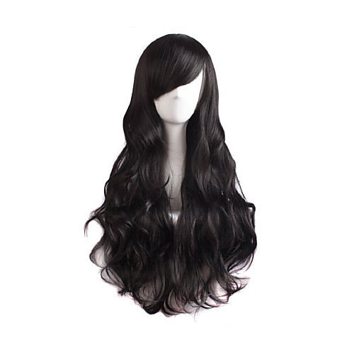 

Synthetic Wig Curly kinky Straight Asymmetrical Wig Long Natural Black Synthetic Hair 27 inch Women's Best Quality Black