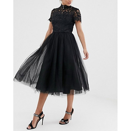 

A-Line Little Black Dress Party Wear Wedding Guest Cocktail Party Dress High Neck Short Sleeve Tea Length Lace Tulle with Pleats 2021