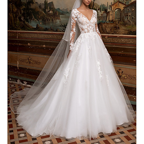 

A-Line Wedding Dresses V Neck Sweep / Brush Train Lace Tulle Long Sleeve Plus Size Illusion Sleeve with 2021