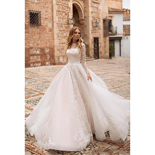 

Ball Gown Wedding Dresses Jewel Neck Sweep / Brush Train Lace Tulle Long Sleeve Romantic See-Through Illusion Sleeve with Lace Appliques 2020