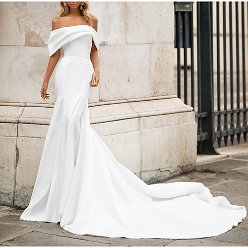 

Mermaid / Trumpet Wedding Dresses Off Shoulder Court Train Satin Short Sleeve Romantic Plus Size Modern with Bow(s) 2021