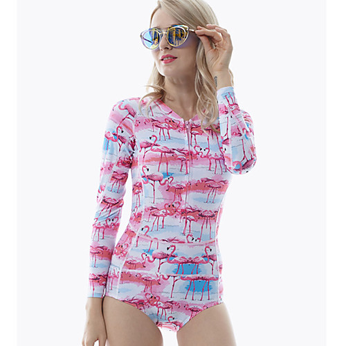 

Women's One Piece Swimsuit Flamingo Swimwear Swimwear Blue / White Thermal Warm Ultra Light (UL) Wearable Long Sleeve - Swimming Summer / High Elasticity