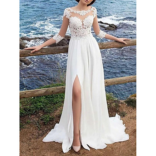 

A-Line Wedding Dresses Jewel Neck Sweep / Brush Train Chiffon Lace 3/4 Length Sleeve Boho Plus Size Illusion Sleeve with Split Front 2021