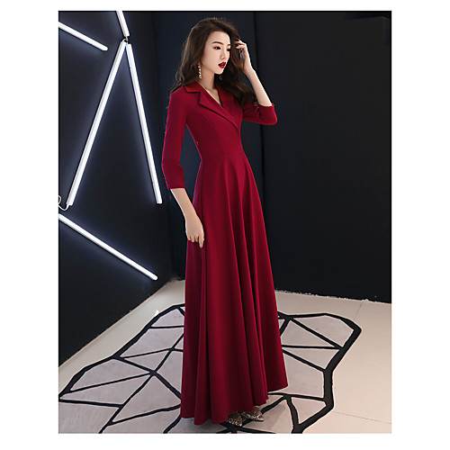 

A-Line Elegant Wedding Guest Prom Formal Evening Dress V Neck 3/4 Length Sleeve Floor Length Satin Jersey with 2021