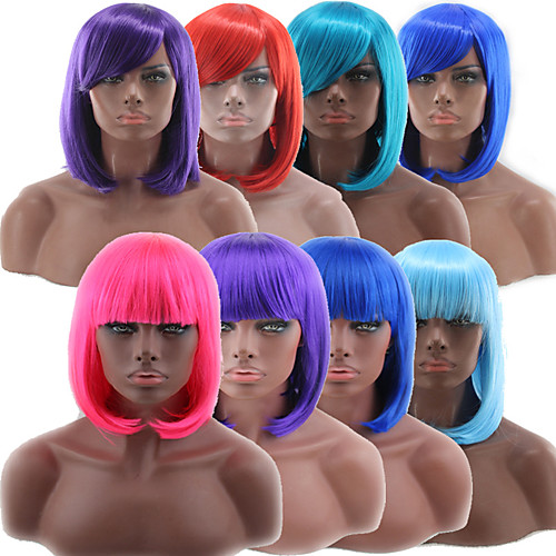 

Synthetic Wig kinky Straight Bob Neat Bang Wig Pink Short Watermelon Red Blonde Pink Blue Green Synthetic Hair 10 inch Women's Blue Pink